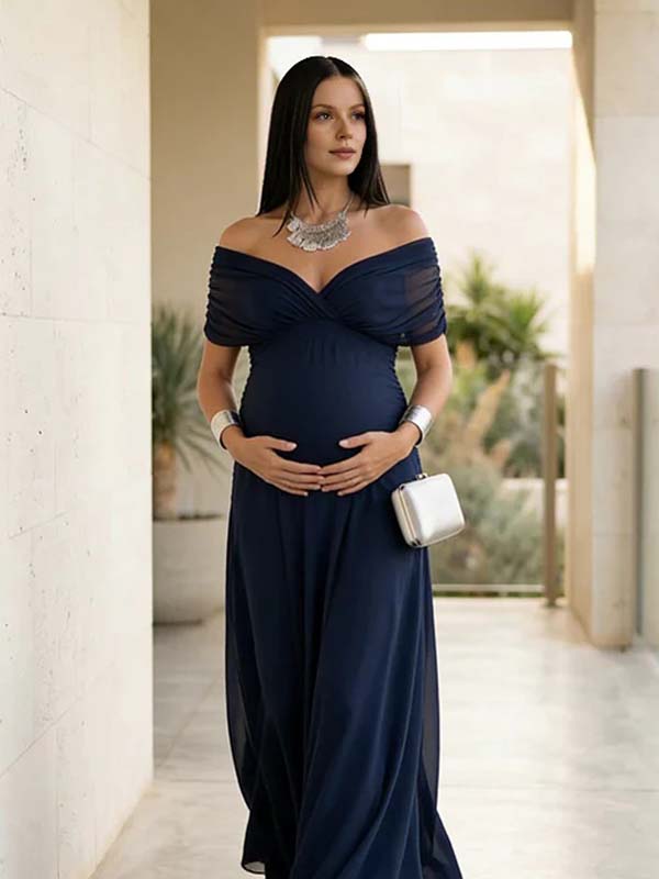 Momyknows Chic Dark Blue Grenadine Ruched Off Shoulder Flowy Baby Shower Maternity Maxi Dress