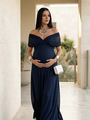 Momyknows Chic Dark Blue Grenadine Ruched Off Shoulder Flowy Baby Shower Maternity Maxi Dress