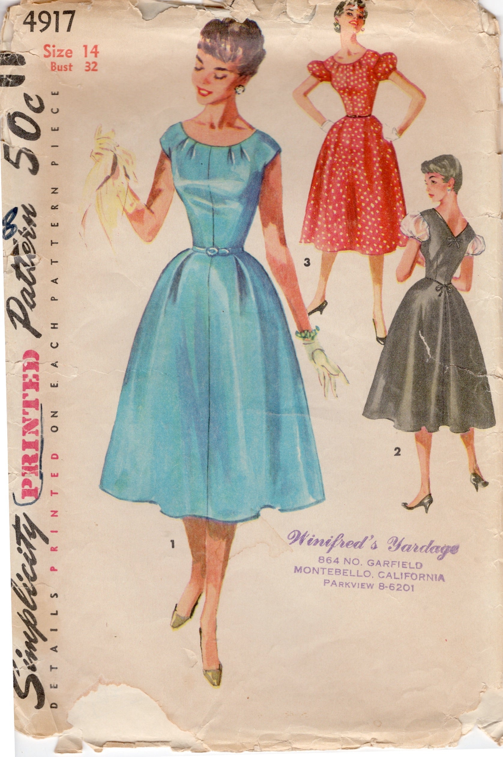 1950’s Simplicity Fit and Flare Dress Pattern with Puff Sleeves and Tucked Bodice Detail - Bust 32" - No. 4917