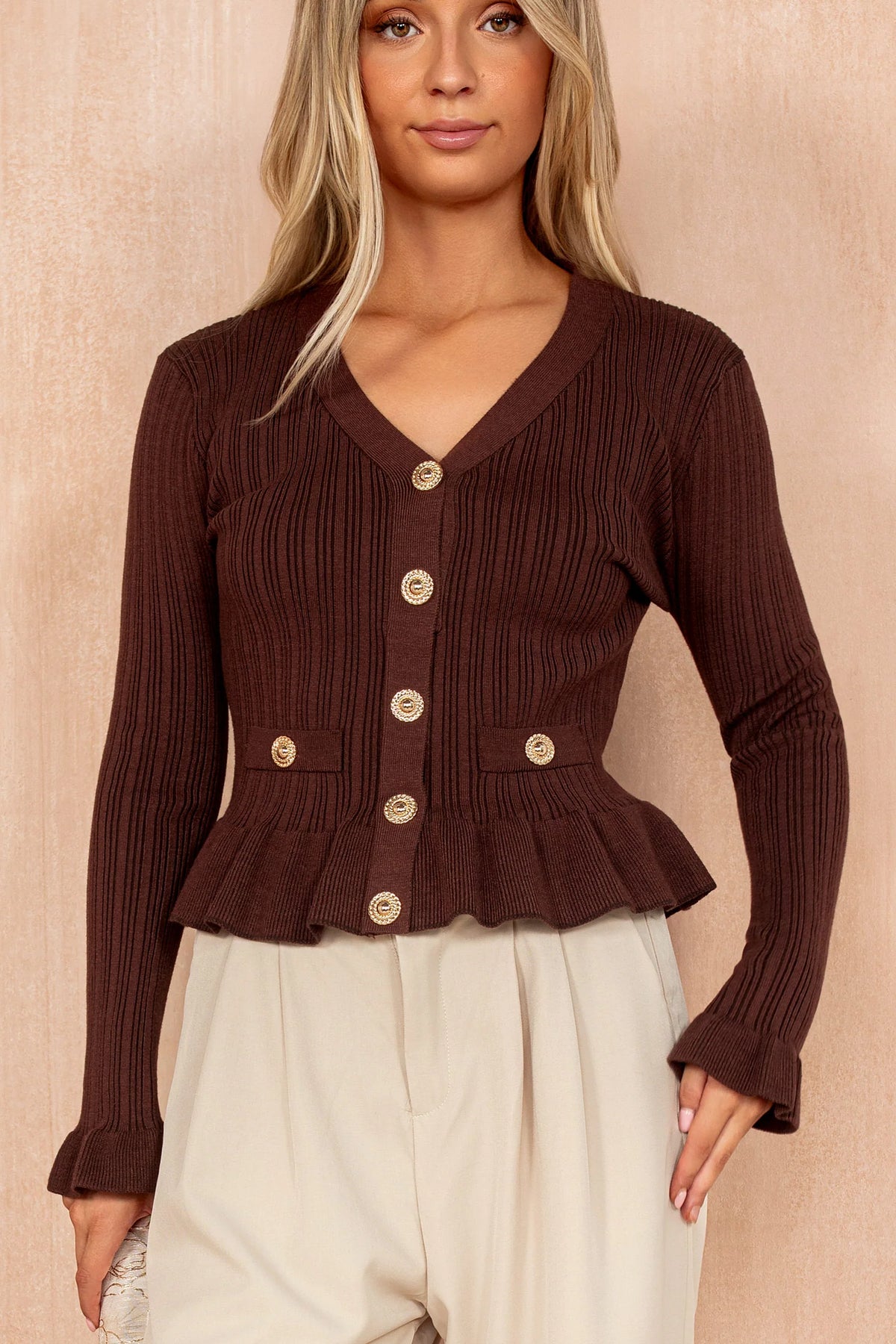 Emerson Chocolate Ribbed Knit Frill Top