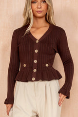 Emerson Chocolate Ribbed Knit Frill Top