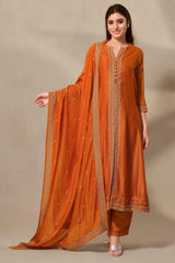 Elegant Rust Orange Silk Anarkali Suit Set With Satin-Silk Dupatta - Mokshaa