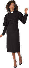 Plus size black clergy dress with white collar and puff sleeves worn by model standing with one arm raised showing sleeve detail – Tally Taylor
