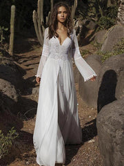 beach backless two piece maxi dress boho v-neck chiffon long wedding dress dtw380