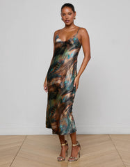 L'agence - Seridie Silk Slip Dress - Teal Multi Mix Feather