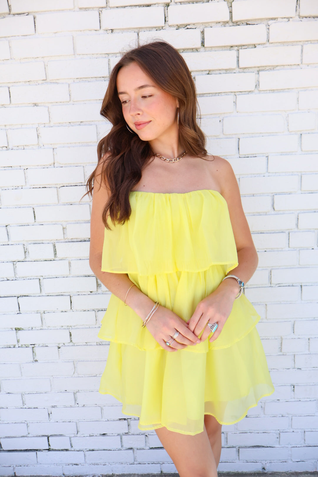 Yellow Tiered Strapless Mini Dress