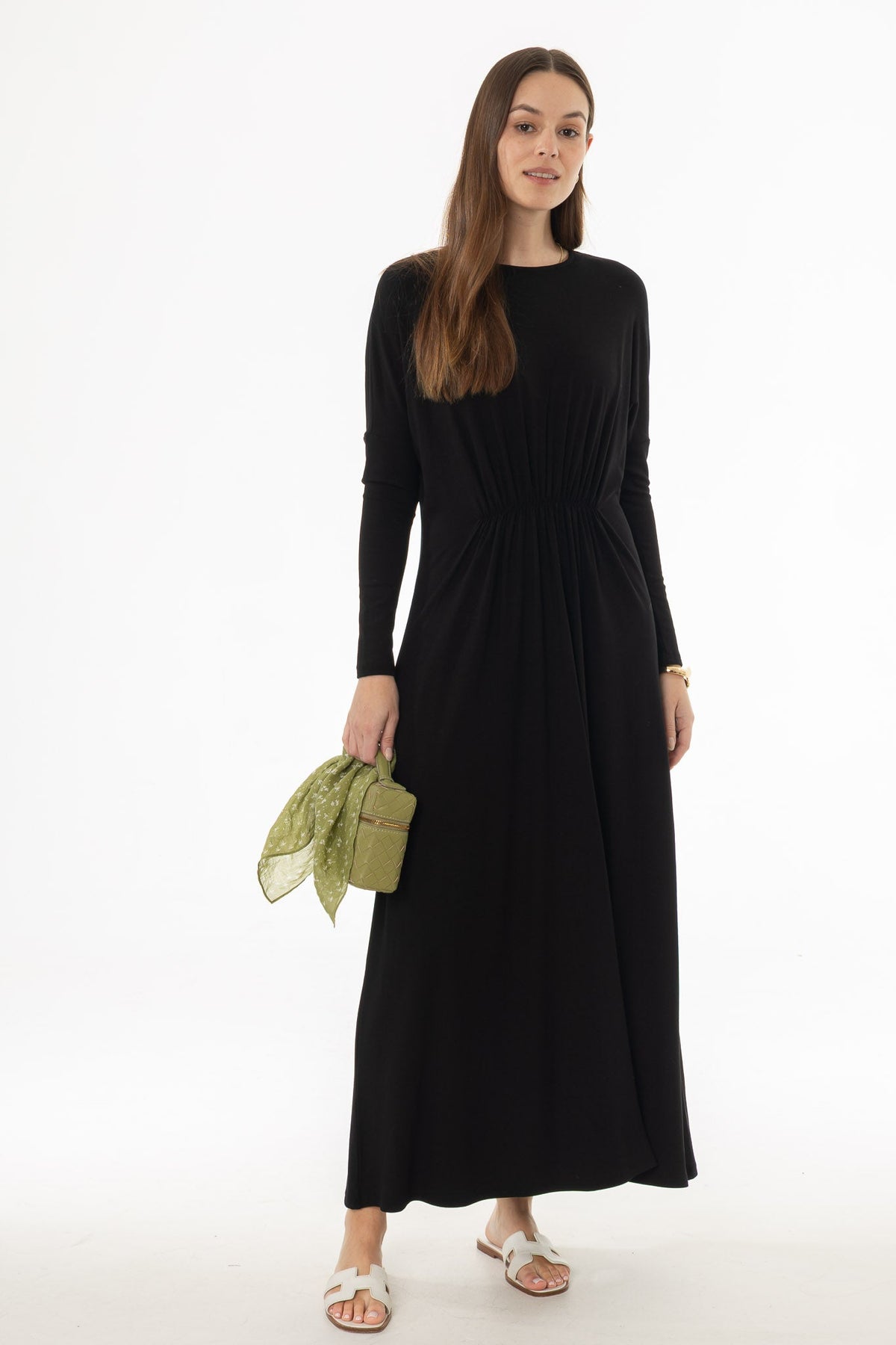 Black Gathered Waist Maxi Dress