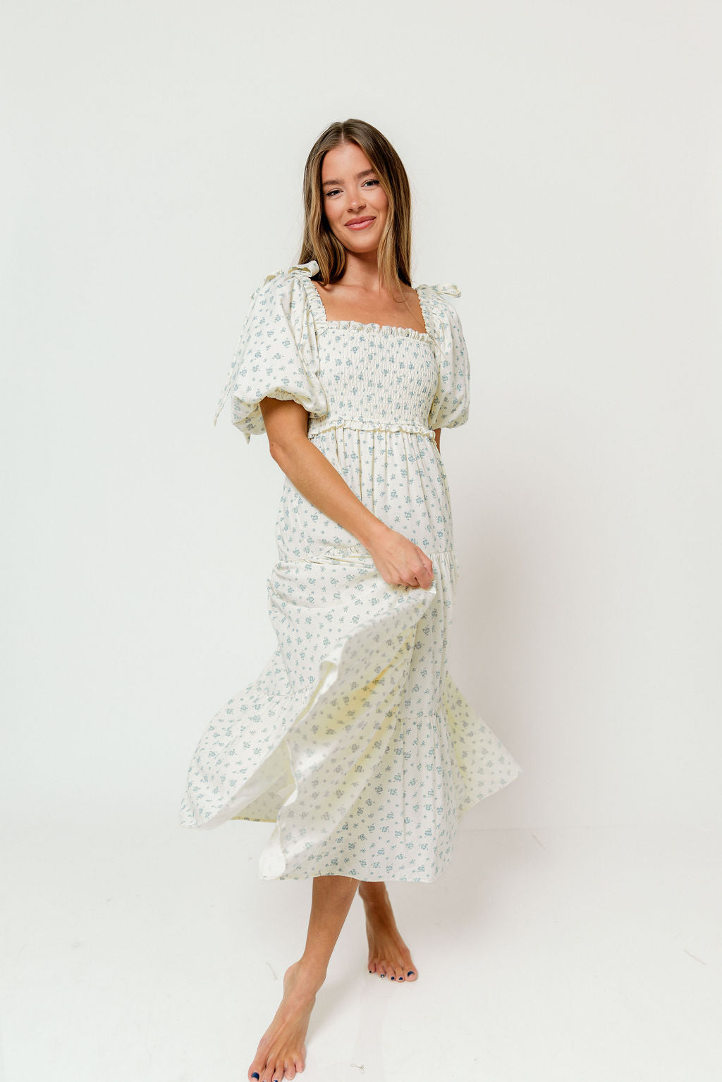 Elena Midi Dress in Cream/Blue Tiny Floral - Bump Friendly & Inclusive Sizing