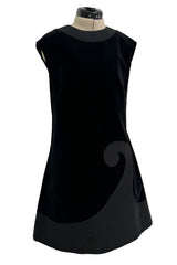 Minimalist 1960s Pierre Cardin Black Cotton Velvet Mod Shift Dress w Grosgrain Detailing