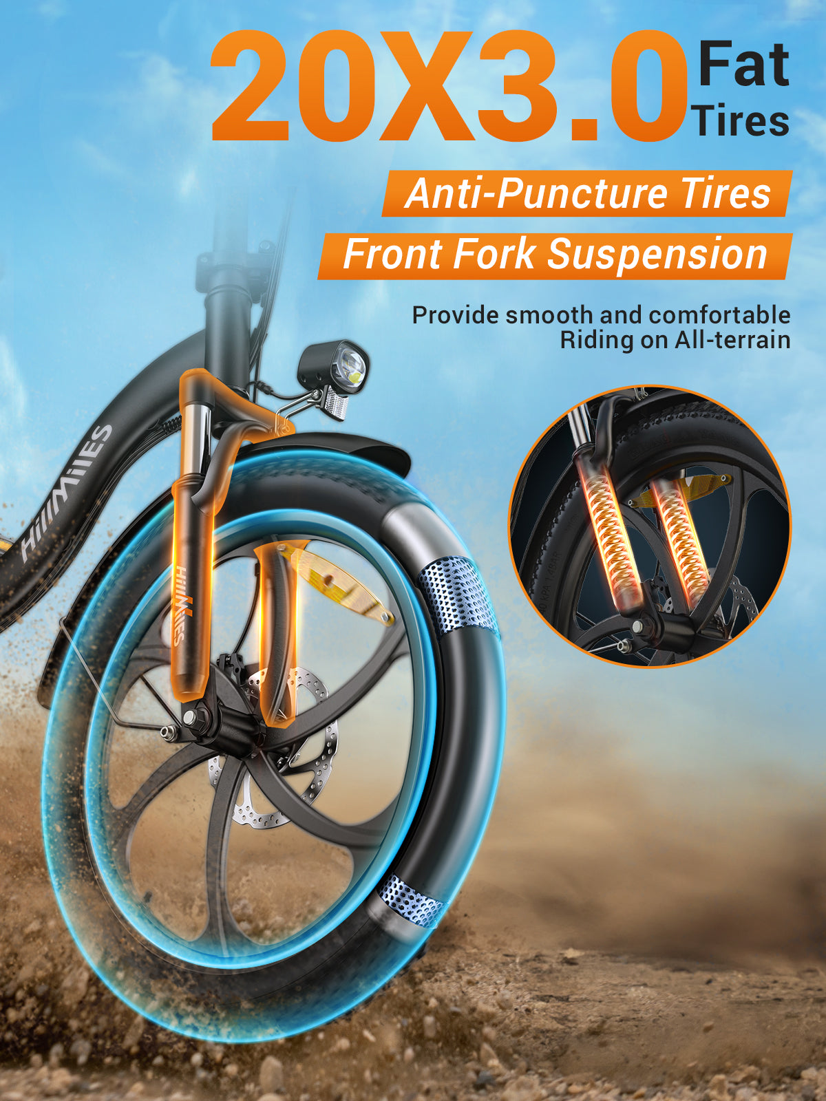 the 20*3.0 anti-puncture tires and front fork suspension of hillmiles mileport 1 eco bike