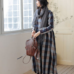 Cotton Long Dresses for Women, Winter Plaid Dress