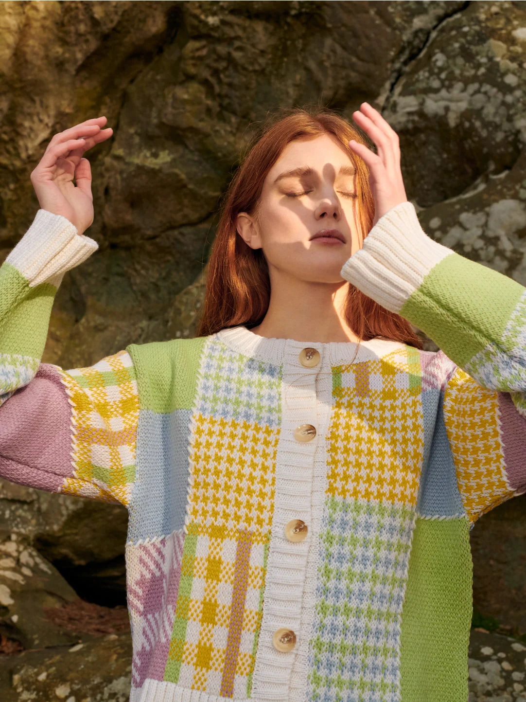 patchwork cardigan in lime multi