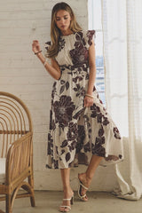 Oddi Soft Marsala Flutter Sleeve Midi Dress – Smocked Waist