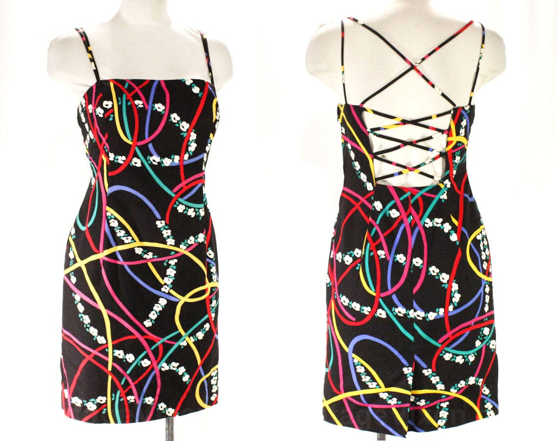 Size 6 Sun Dress - 1990s Black & Rainbow Novelty Print Cotton - 90s Colorful Summer Dress - Sexy Strappy Criss Cross Back - Bust 33.5