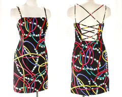 Size 6 Sun Dress - 1990s Black & Rainbow Novelty Print Cotton - 90s Colorful Summer Dress - Sexy Strappy Criss Cross Back - Bust 33.5