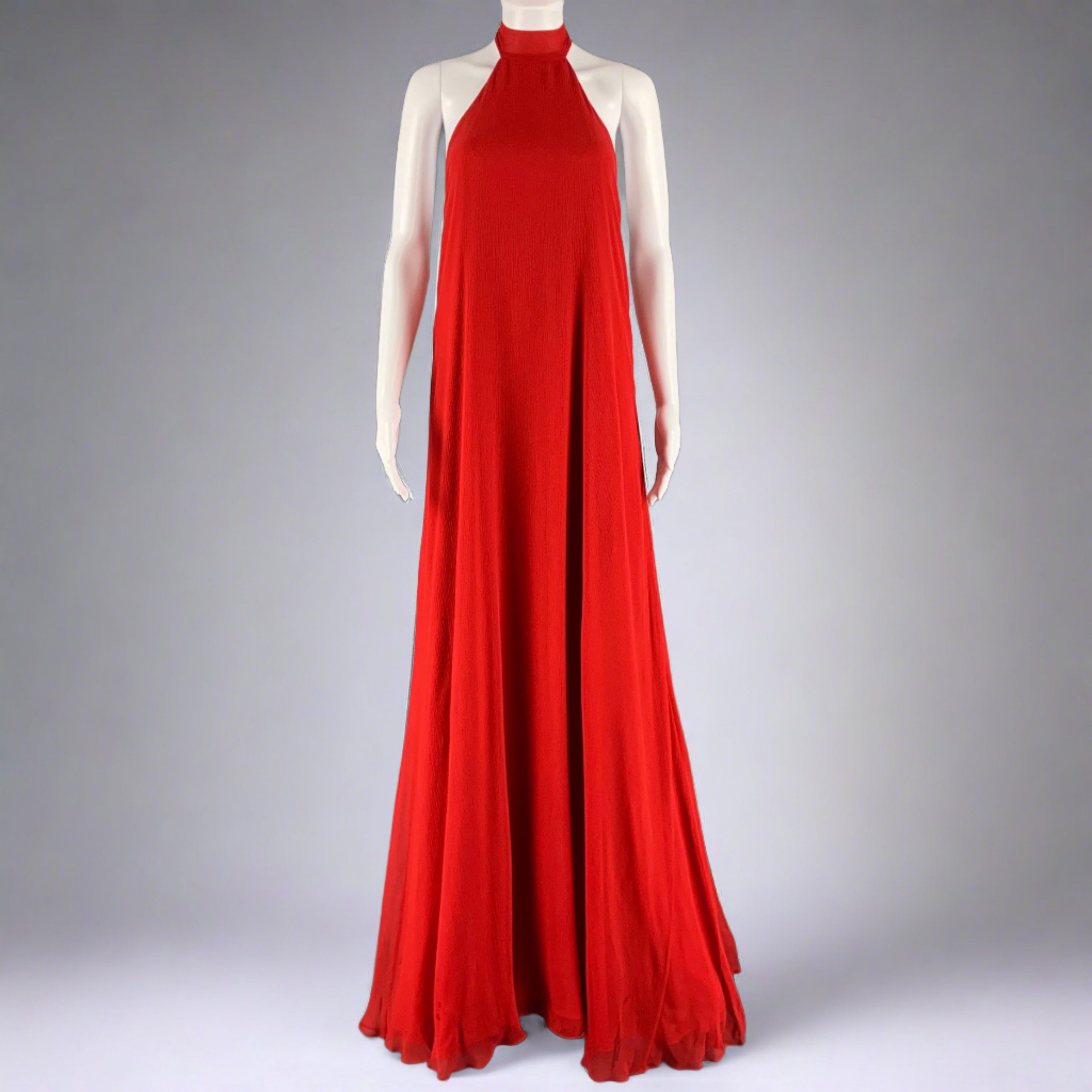 HALSTON Size 10 Red Silk Halter Long Gown