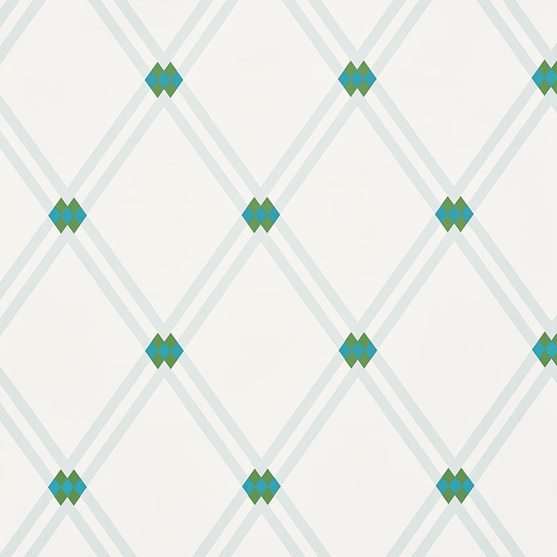 Asolo Mineral by Schumacher - Modern trellis wallpaper with argyle elements in mineral blue and green on white background.