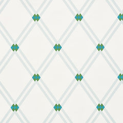 Asolo Mineral by Schumacher - Modern trellis wallpaper with argyle elements in mineral blue and green on white background.