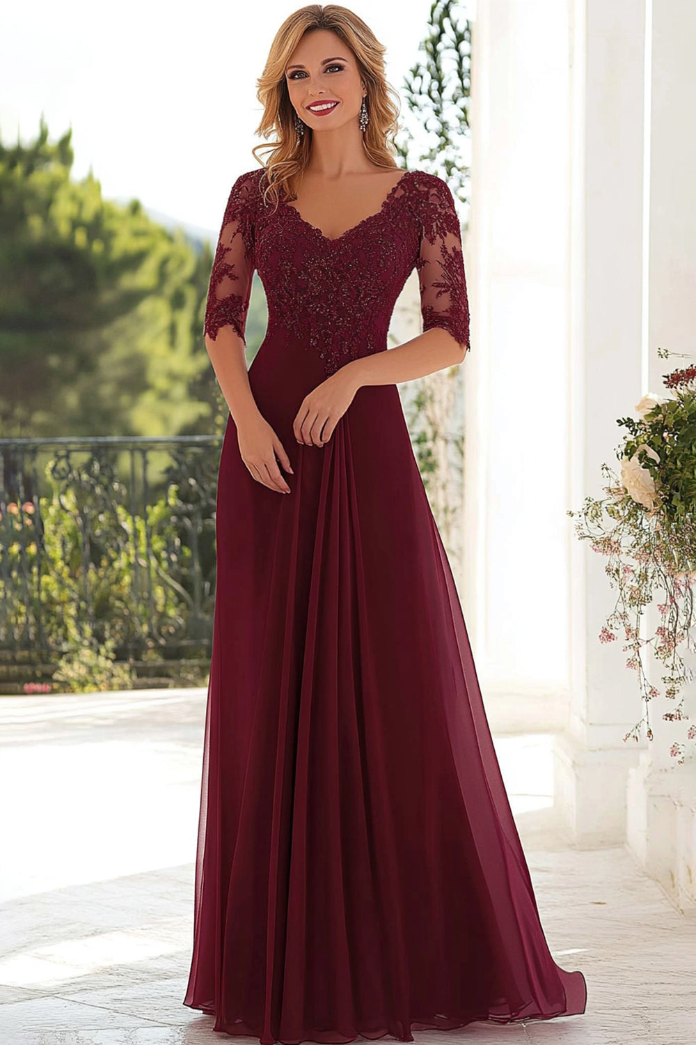 Elegant Burgundy  A Line V-Neck Chiffon Long Mother Of the Bride Dress with Lace Appliques
