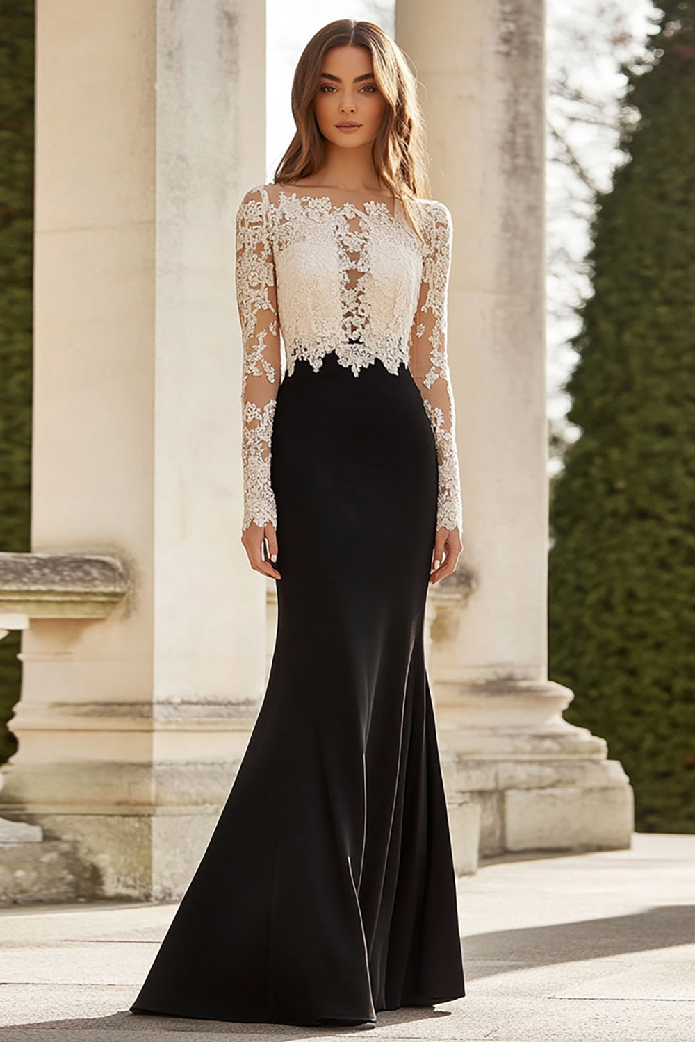 Black White Mermaid Lace Long Sleeve Mother of the Bride Dress