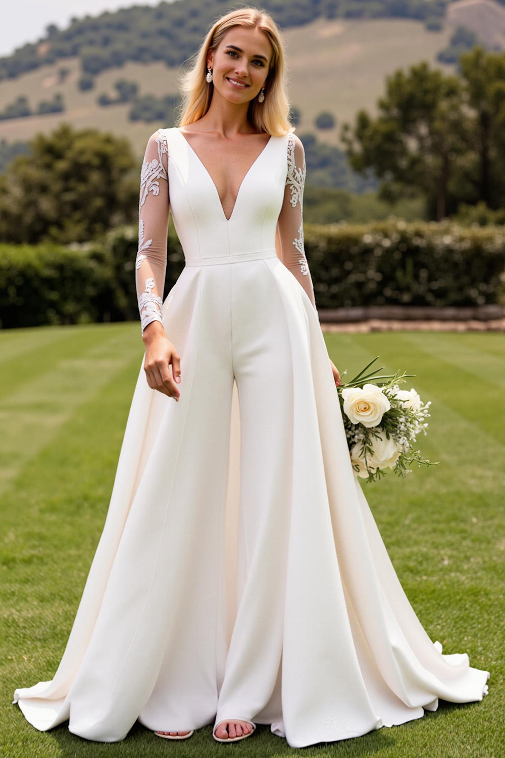 Ivory Satin Sweep Train Illusion Neck Wedding Jumpsuits with Lace Back V Neck Bridal Jumpsuits with Sleeves