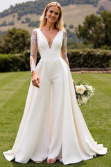 Ivory Satin Sweep Train Illusion Neck Wedding Jumpsuits with Lace Back V Neck Bridal Jumpsuits with Sleeves