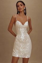 Sparkly Sequins A Line Spaghetti Straps Little White Dress