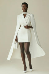 White Satin Short Cape Work Blazer Dress Peak Lapel Bodycon Business Dress