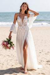 White A Line Chiffon Sweep Train Beach Wedding Dress with Lace