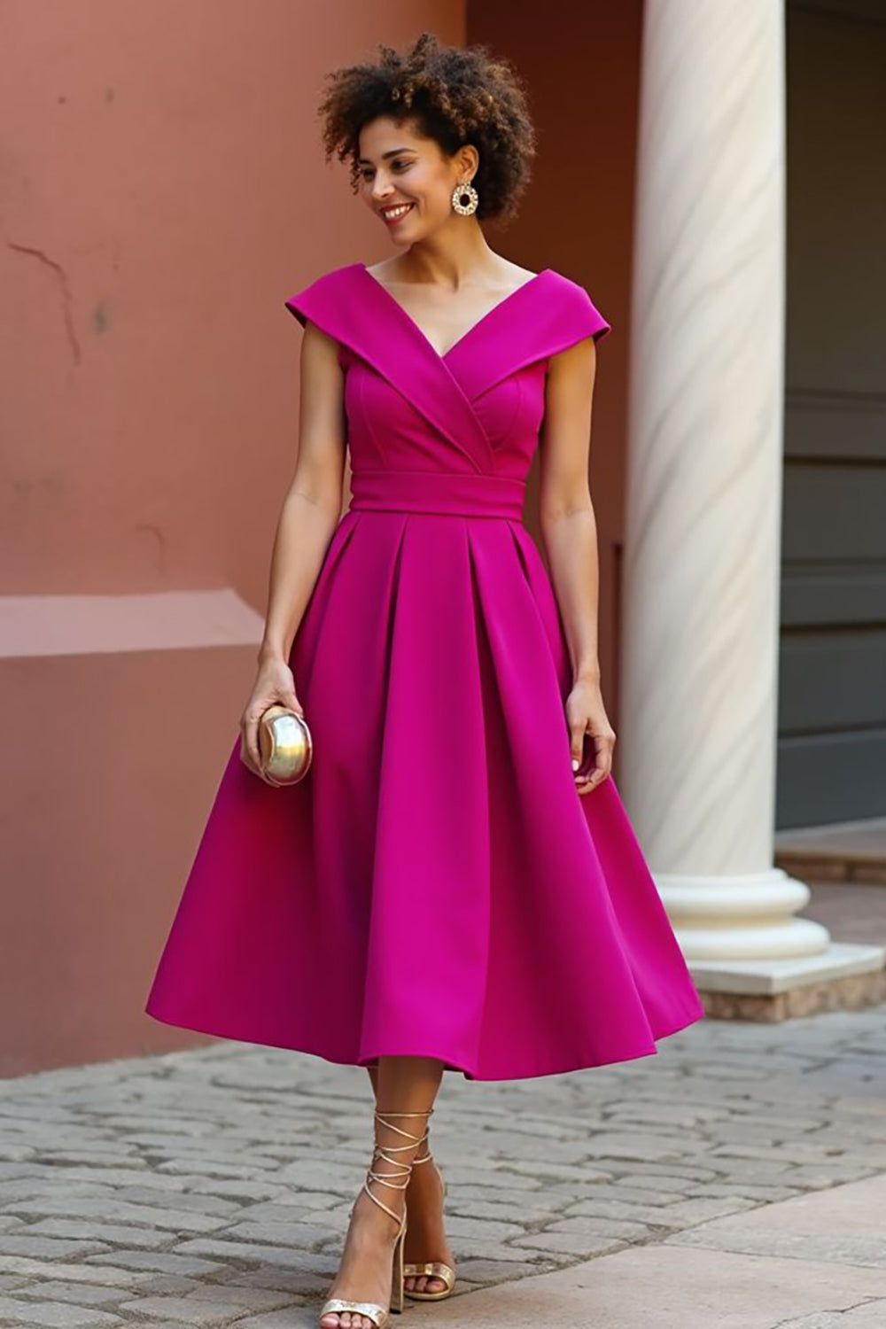 Fuchsia V-Neck A Line Satin Midi Mother of the Bride Dress