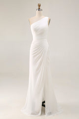 Ivory Ruched One Shoulder Beach Maxi Rehearsal Dinner Dress with Slit