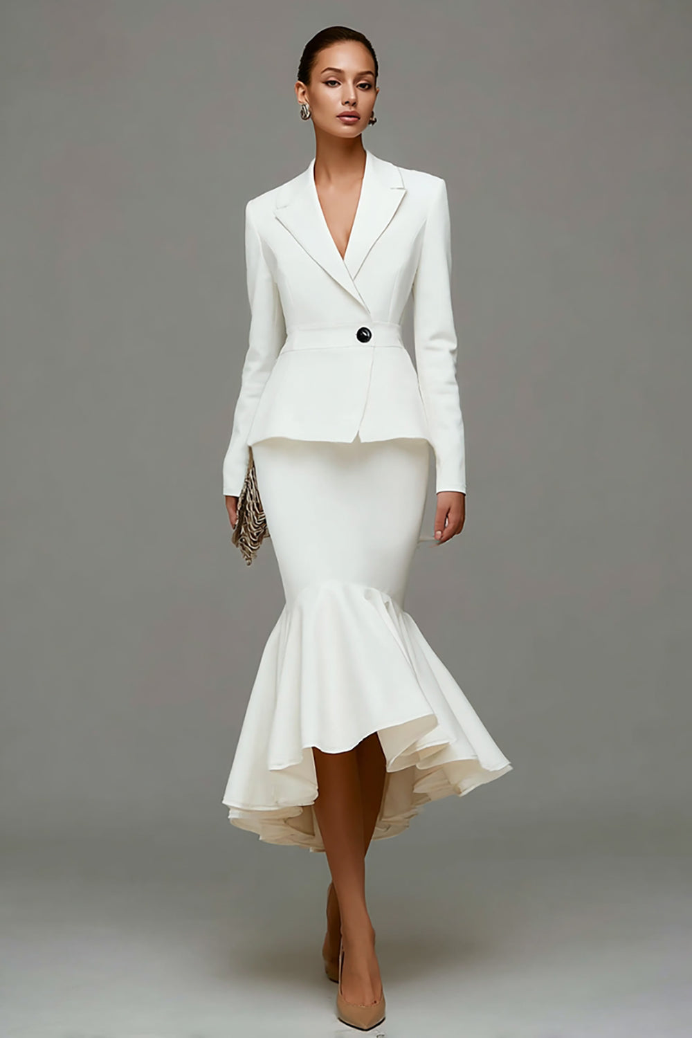 Mermaid Ivory 2 Piece Work Dress with Ruffles