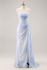 Zapakasa Women Blue Floral Corset Long Bridesmaid Dress with Slit Ruched Sheath Spaghetti Straps Chiffon Wedding Guest Dress with Side Cape