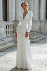 Ruched V-Neck Ivory Engagement Dress With Long Sleeves
