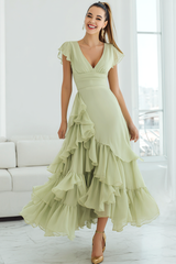 Light Green Chiffon A Line V-Neck Ruffled Long Bridesmaid Dress with Sleeves