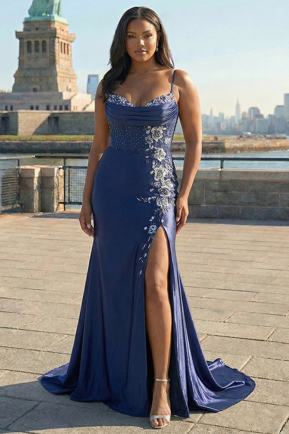 Navy Mermaid Corset Embroidered Plus Size Prom Dress