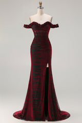 Black Red Mermaid Off the Shoulder Corset Ruched Long Prom Dress with Slit