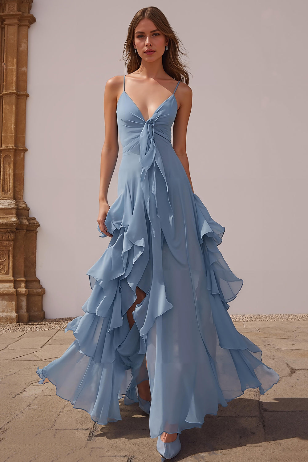 Dusty Blue Chiffon A-Line Long Bridesmaid Dress with Ruffles Spaghetti Straps Tiered Wedding Guest Dress