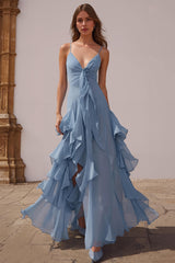 Dusty Blue Chiffon A-Line Long Bridesmaid Dress with Ruffles Spaghetti Straps Tiered Wedding Guest Dress