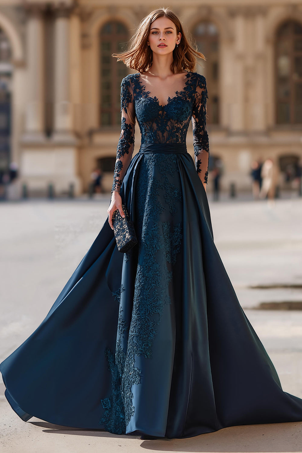 Navy Satin Long Sleeves Mother of the Bride Dress with Lace A-Line V-Neck Appliqued Wedding Guest Dress