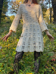 1960s Cream Crochet Long Sleeve Mini Dress