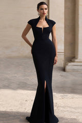 Black Square Neck Cap Sleeves Mermaid Long Formal Dress with Slit