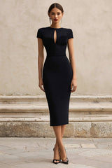 Black Round Neck Short Sleeves Mermaid Midi Semi-Formal Dress