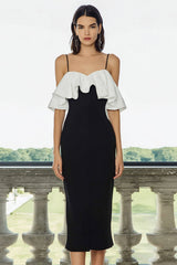Black and White Cold Shoulder Pencil Midi Formal Dress with Ruffles