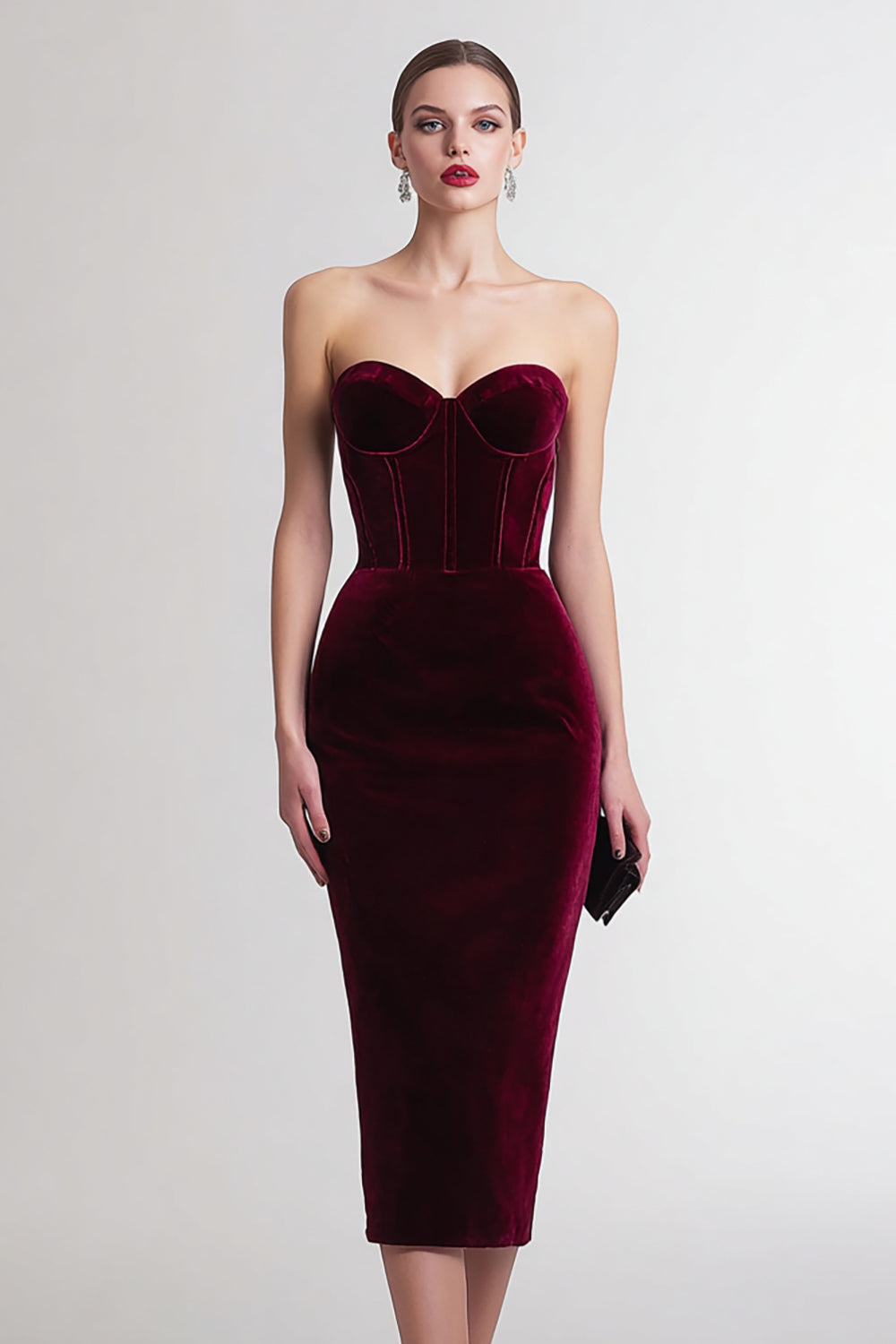 Burgundy Velvet Midi Corset Holiday Party Dress Bodycon Sweetheart Strapless Semi Formal Dress