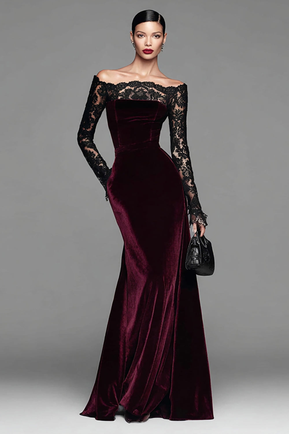 Burgundy Velvet Long Sleeves Formal Dress with Lace Off the Shoulder Mermaid Holiday Party Dress