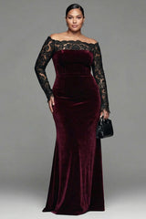Burgundy Velvet Mermaid Long Sleeves Holiday Party Dress with Lace
