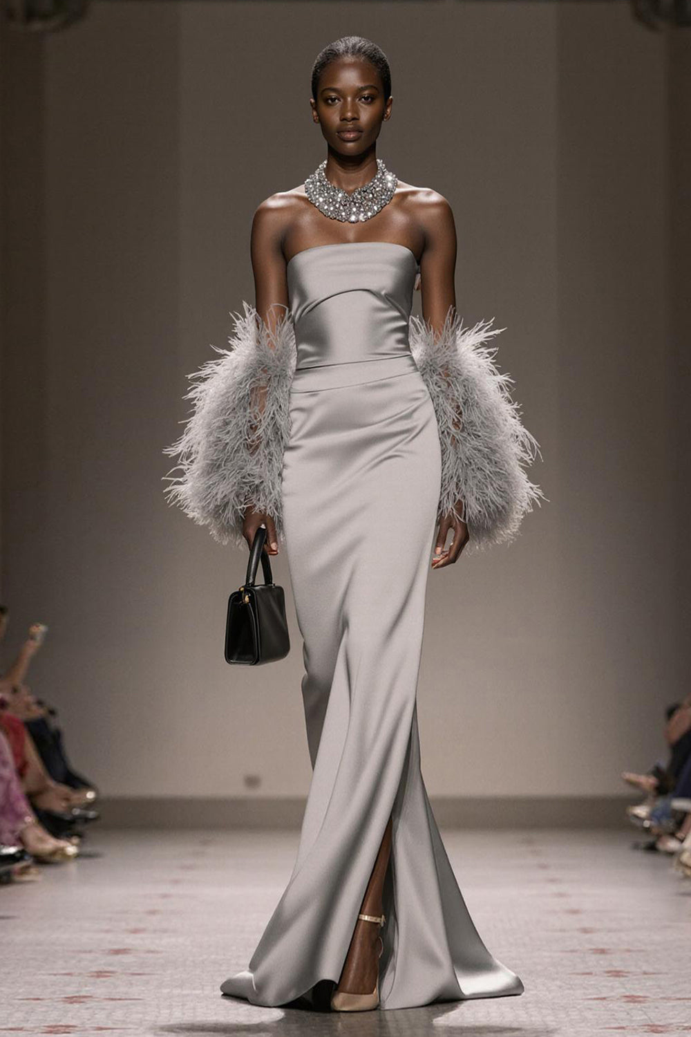 Silver Satin Long Formal Dress with Slit Mermaid Strapless Wedding Guest Dress