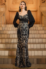 Sparkly Black Golden Mermaid Sequins Long Sleeves Mother of the Bride Dress with Beading