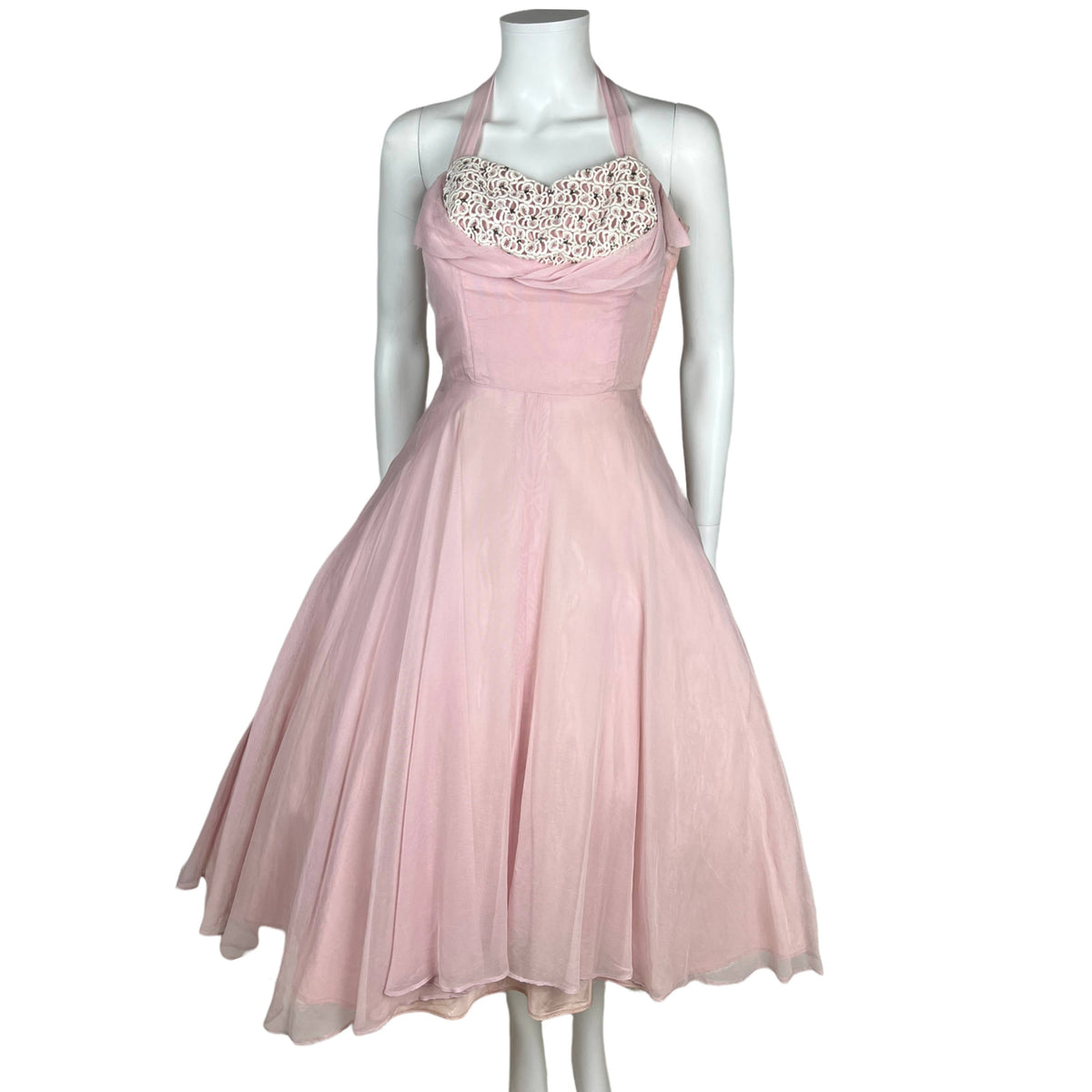 Vintage 1950s Halter Dress w Shelf Bust Pink Chiffon Size XS